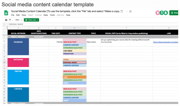 Example of social media content calendar