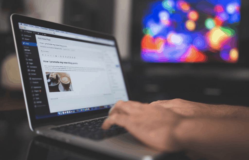 person writing storytelling blog on WordPress site