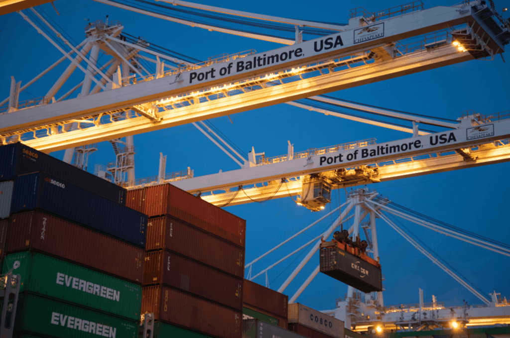 Cranes and containers at port in Baltimore USA