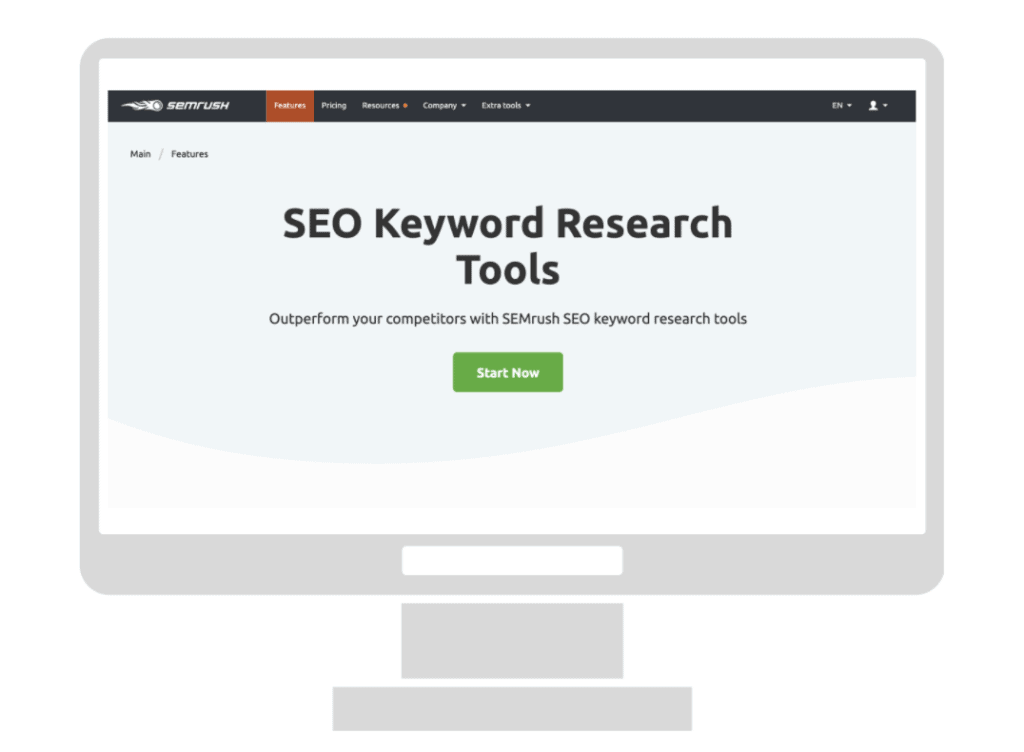 Graphic of a computer showing SEO keyword research tools on SEMrush