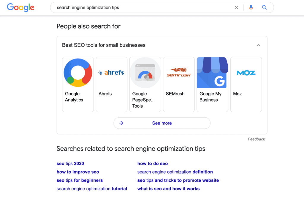 Google search's suggested searches for the query SEO tips