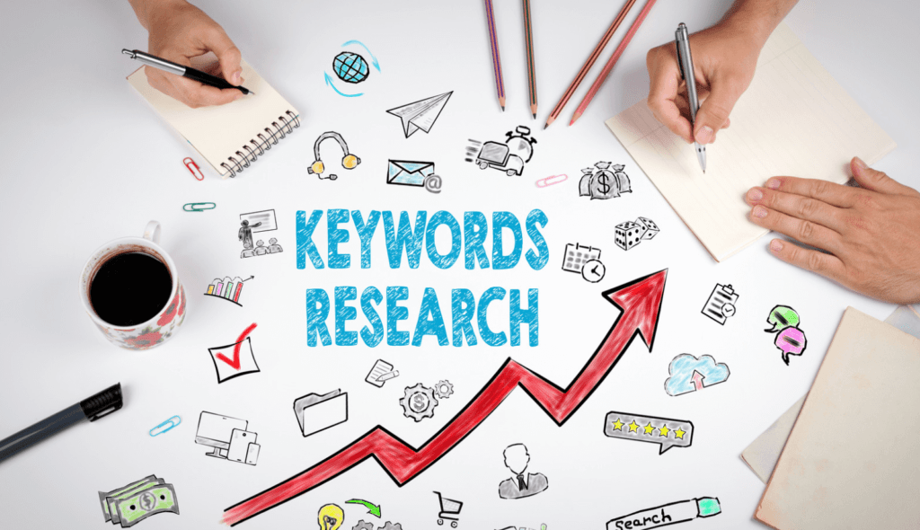 Keyword research graphic with people writing notes around it