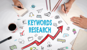 Keyword research graphic with people writing notes around it